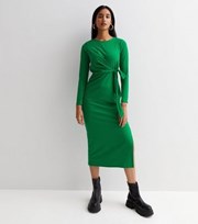New Look Green Ribbed Jersey Tie Side Long Sleeve Midi Dress